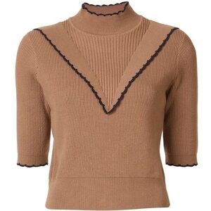 Ganni Tan Ribbed Knit Blouse with Black Trim